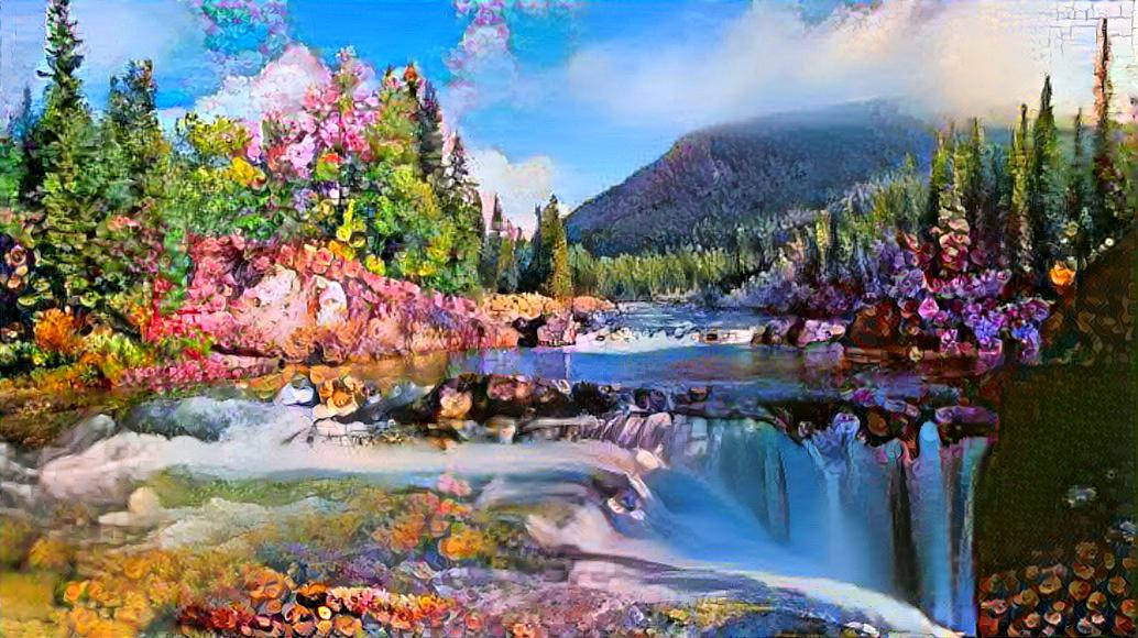  Flowery mountain river scene