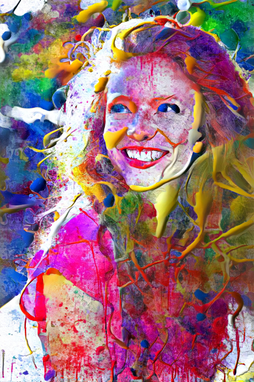 redhead model smiling into sunshine, paint, drip