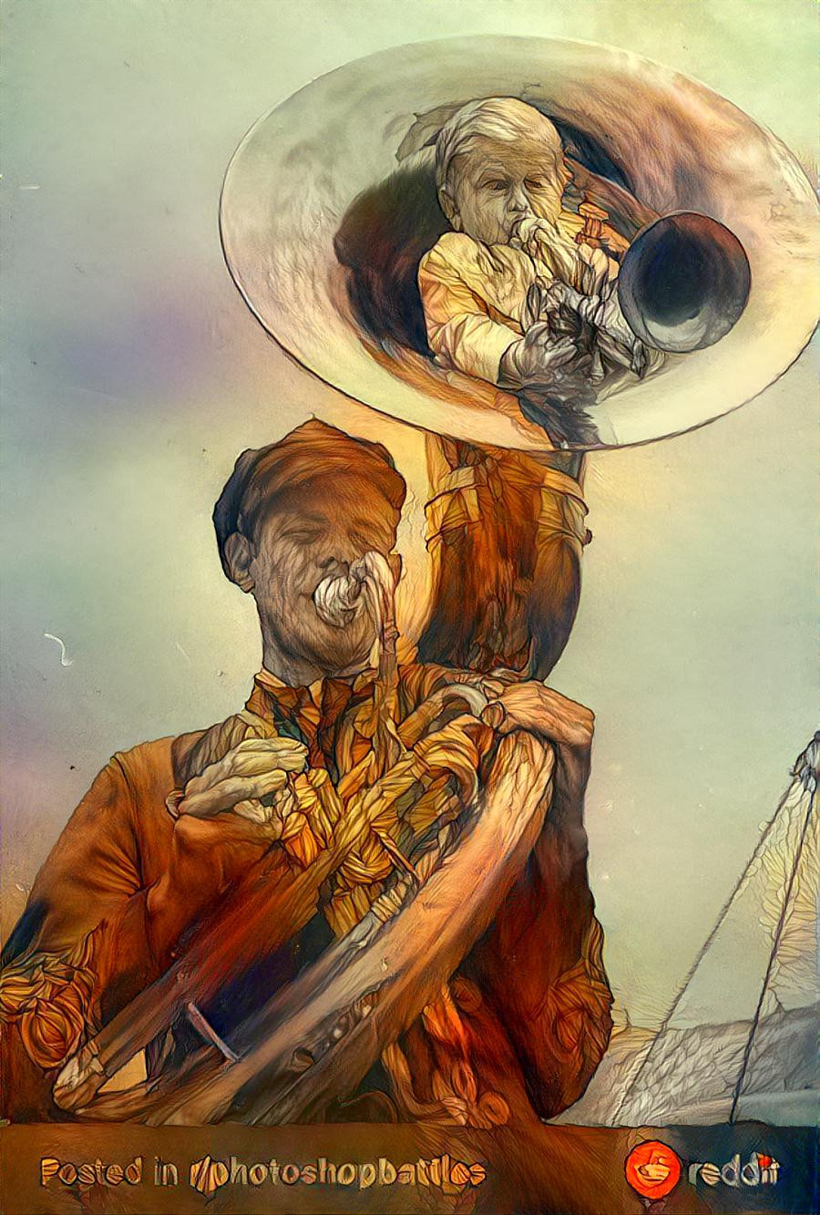 Kid playing a trumpet inside of a tuba