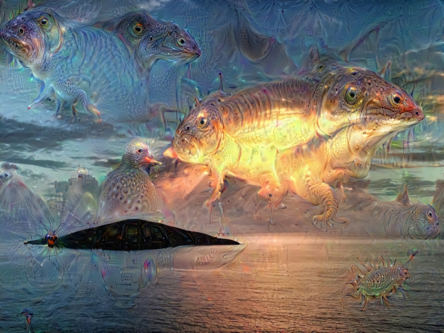 Sunset reflected on clouds, Hans Lollik (Virgin Islands) + Deep Dream x 1