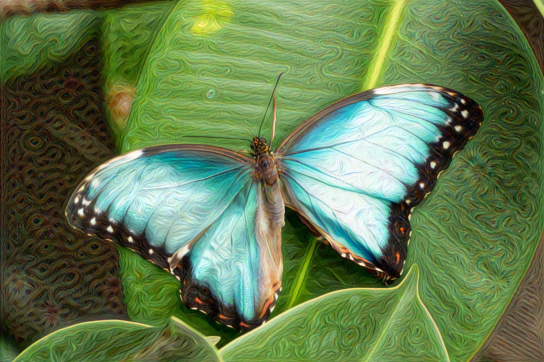 Blue Butterfly on green leaves