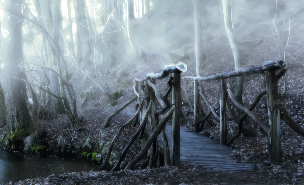 Bridge to the foggy forest