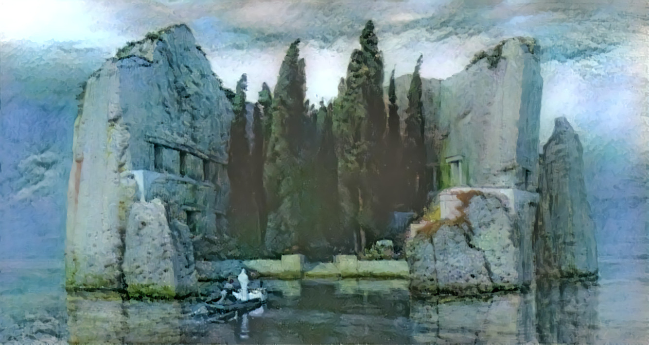 Die Toteninsel (1883) by Arnold Böcklin + La Place du Chenil à Marly, effet de neige by Alfred Sisley