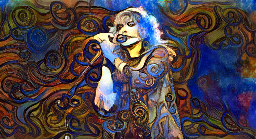 stevie nicks painting, dark brown, blue swirls