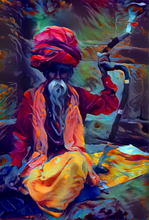 man with turban, white beard & cane