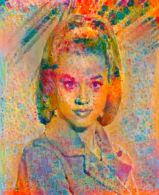 jane fonda looking into camera, yellow pointillism