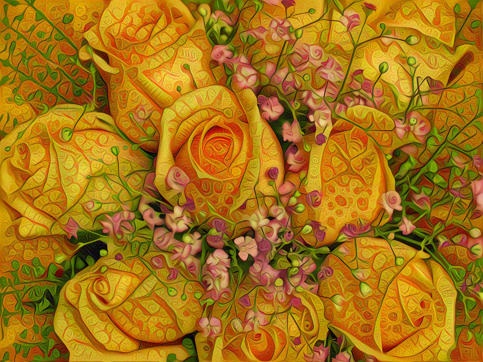 Bouquet Yellow Roses and Pink Blossoms