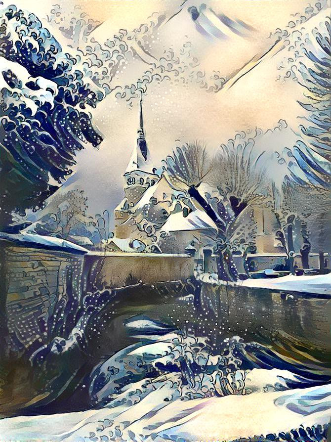 Snowy church in the wave