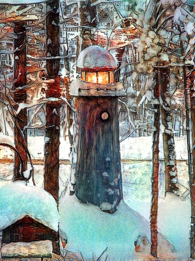 Snow Covered Lighthouse in the Woods