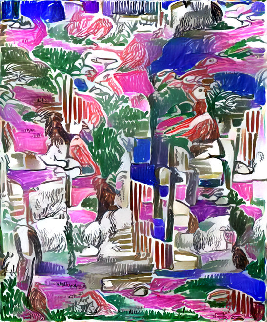 trees in rain & fog ~ blue, green, pink, felt pen