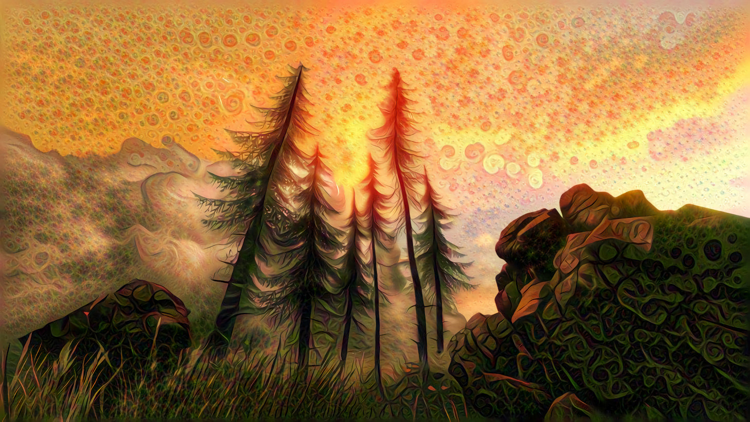 Sunset, Mountain Top, Pine Trees