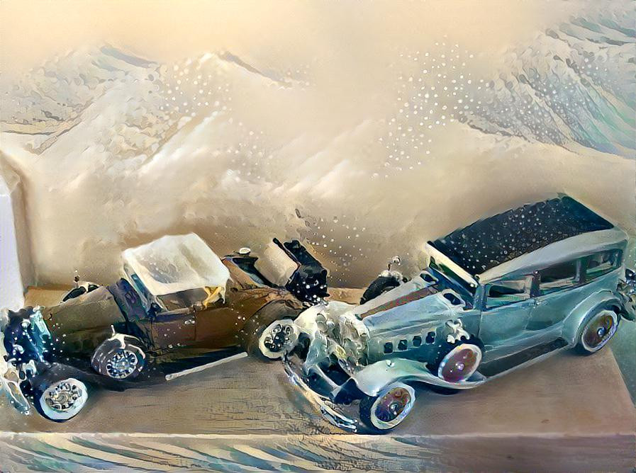 Antique Cars - Floating on Ocean Waves