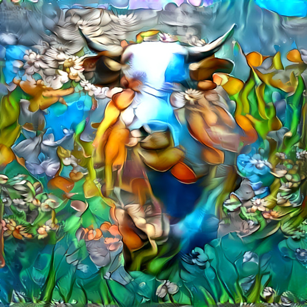 Bull in Monet's Water Lillies: Monet and Cows trained in Playform, selected images restyled thru DeepDream 4 times and re-collaged in Affinity Photo.