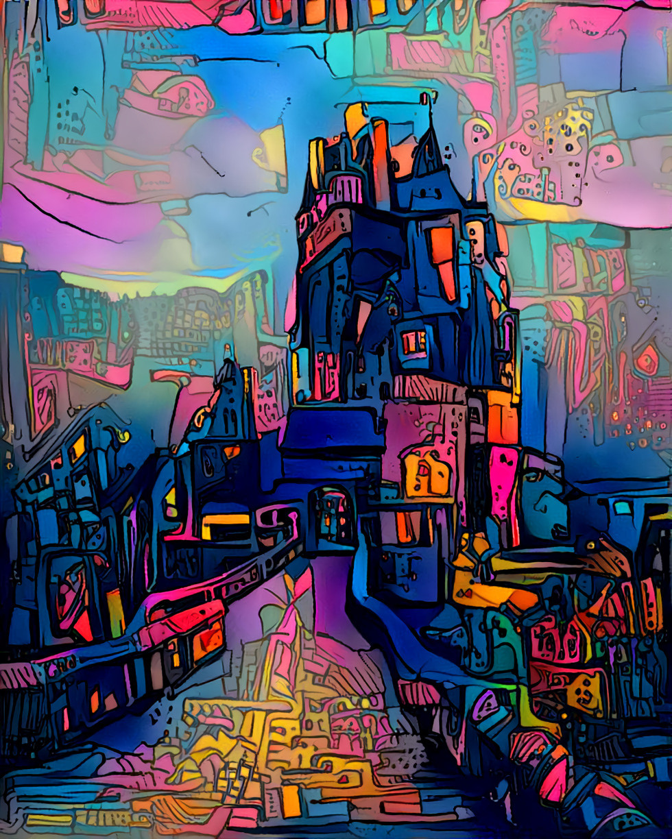 castle - blue, purple painting