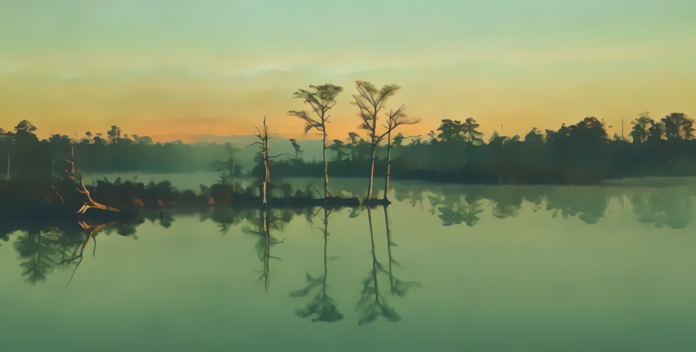 Sunrise Over Forest and Lake