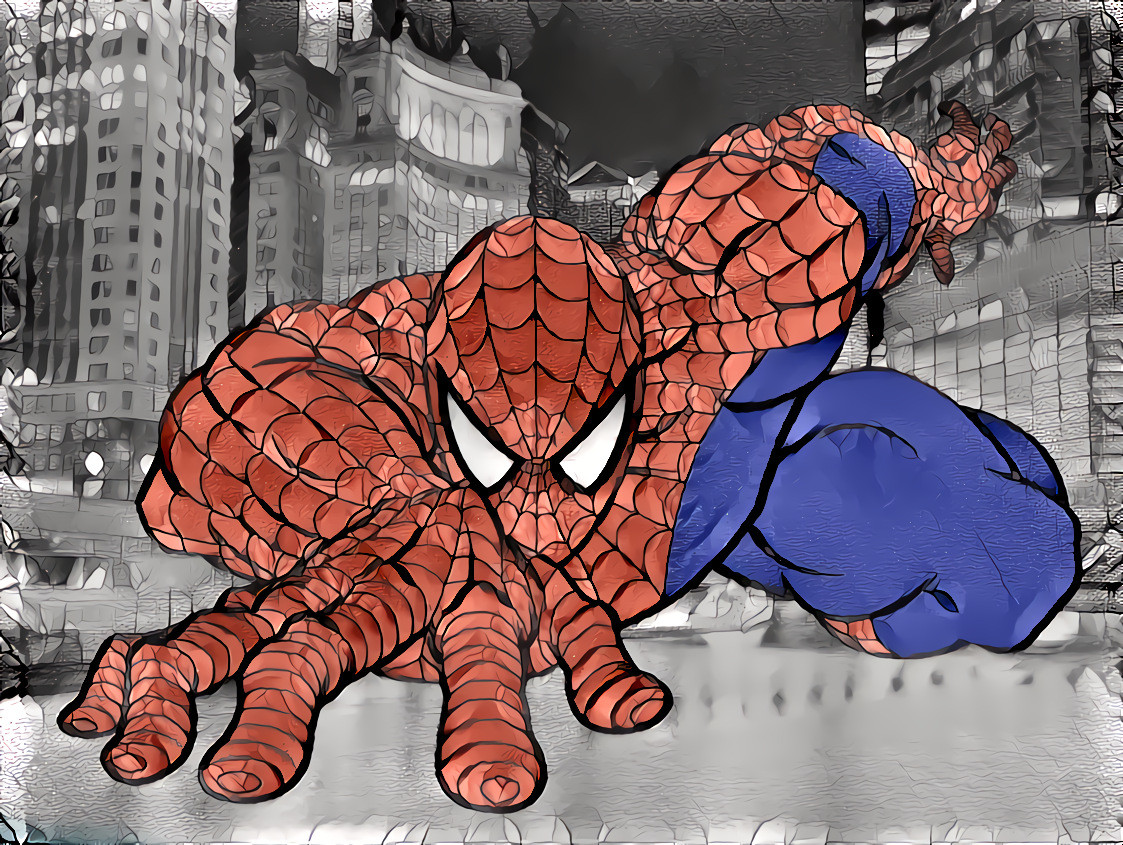 A Spiderman coloring book page, composited on a gray-scale cityscape and then style transfer with a small stained glass image.