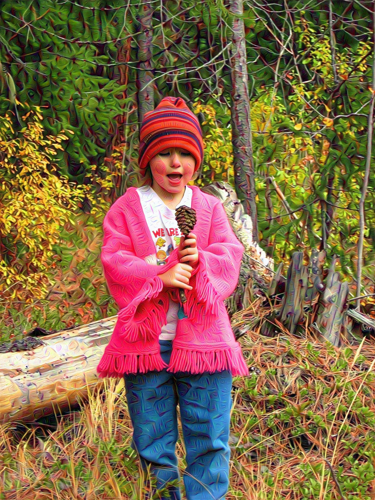 Singing into her pinecone microphone...