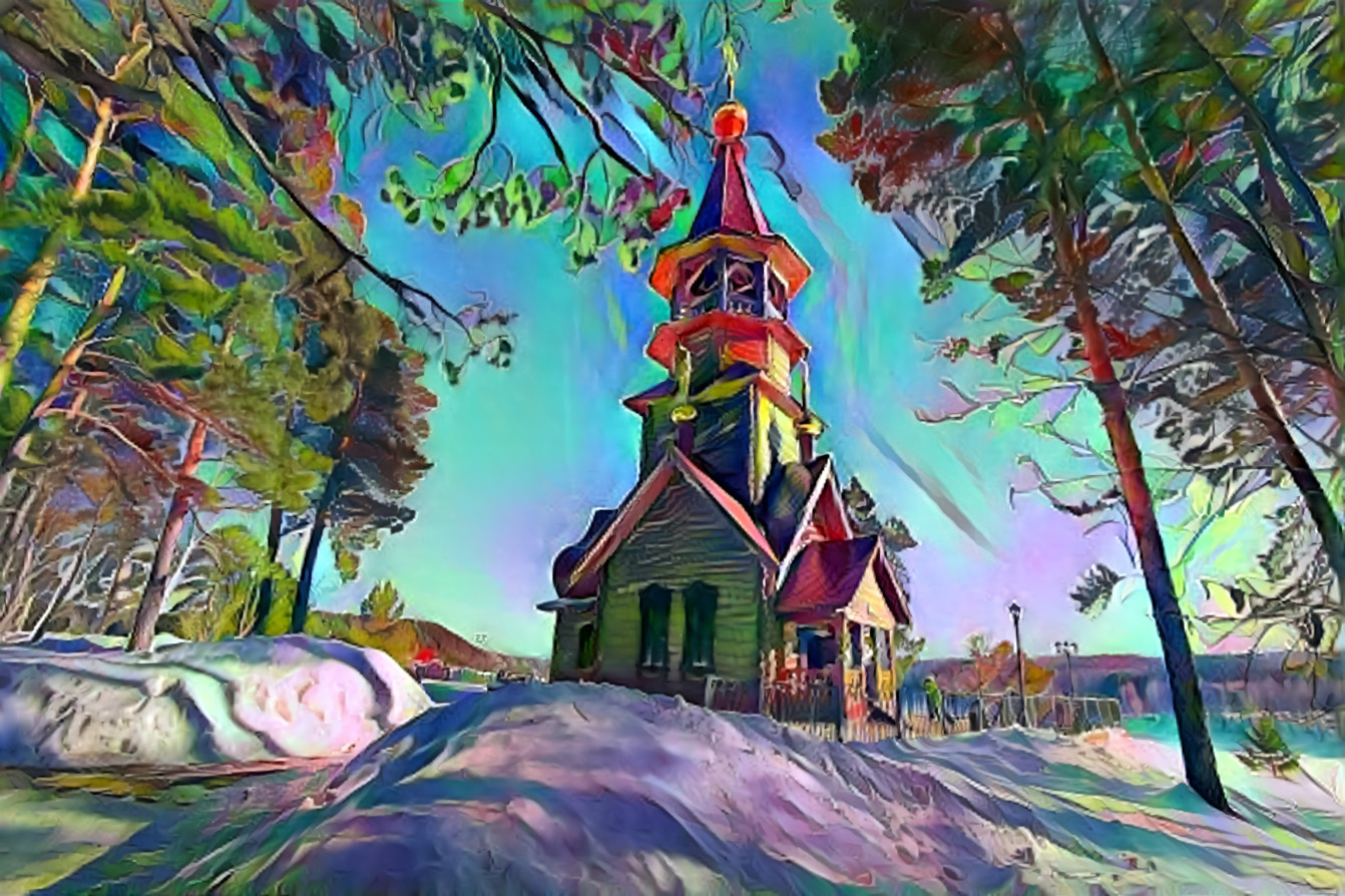 Orthodox church in the nature reserve "Tomskaya Pisanitsa" /Style: batik by Valeria Kokovtseva