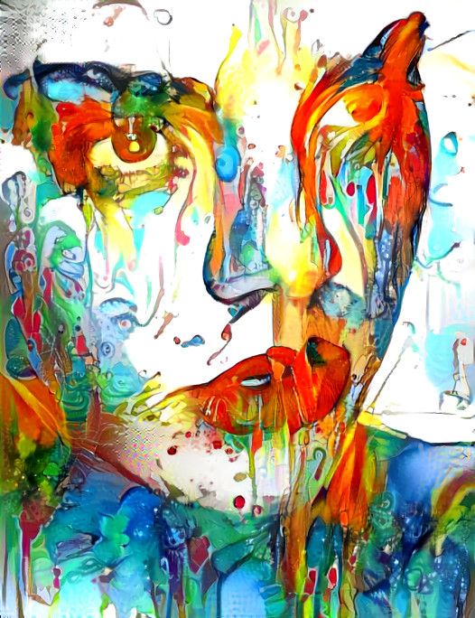 model, blue, orange, drippy paint