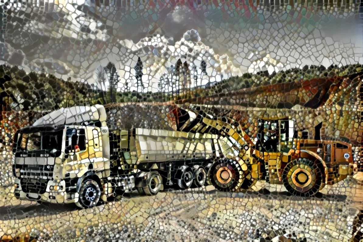 Subject: Front Loader Beside Dump Truck by Ivan on pexels. Style: Woman of the Olive Groves 2 by Julie Smith