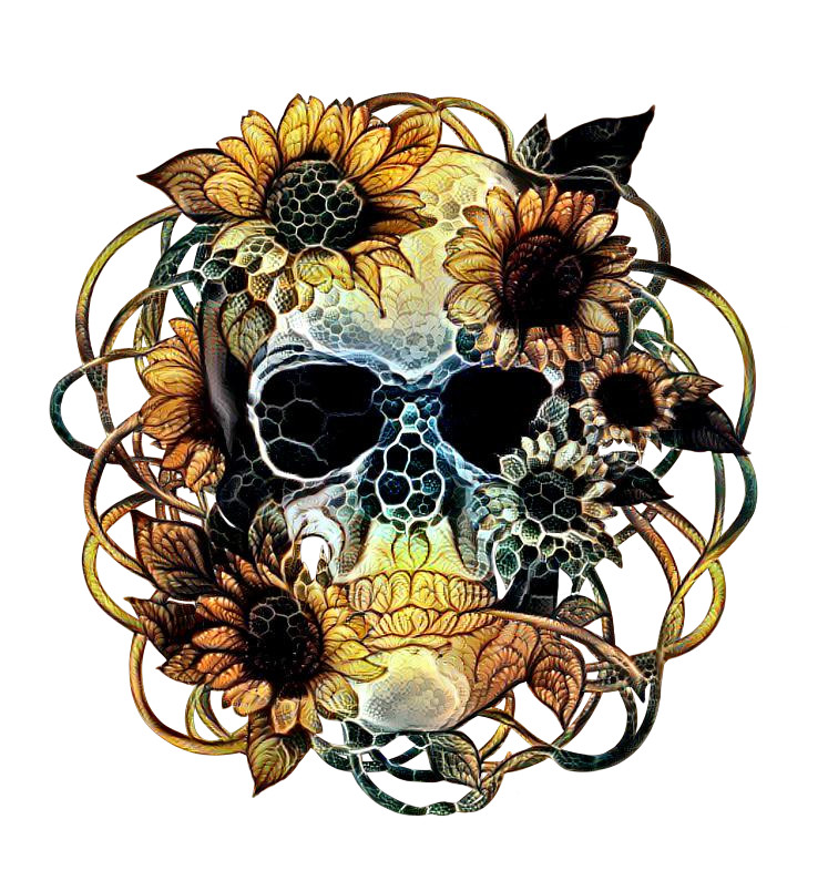 Skull, skeleton, sunflowers