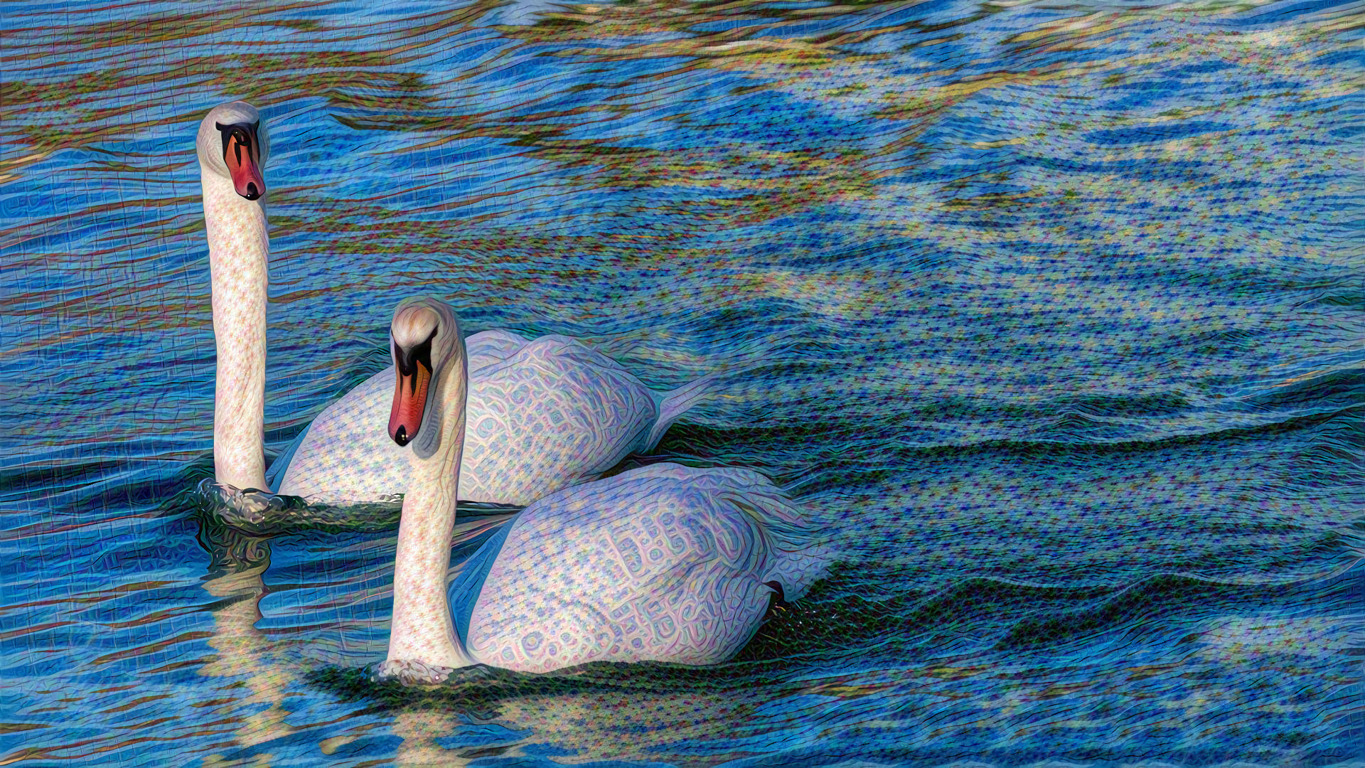 Swans on blue rippled pond