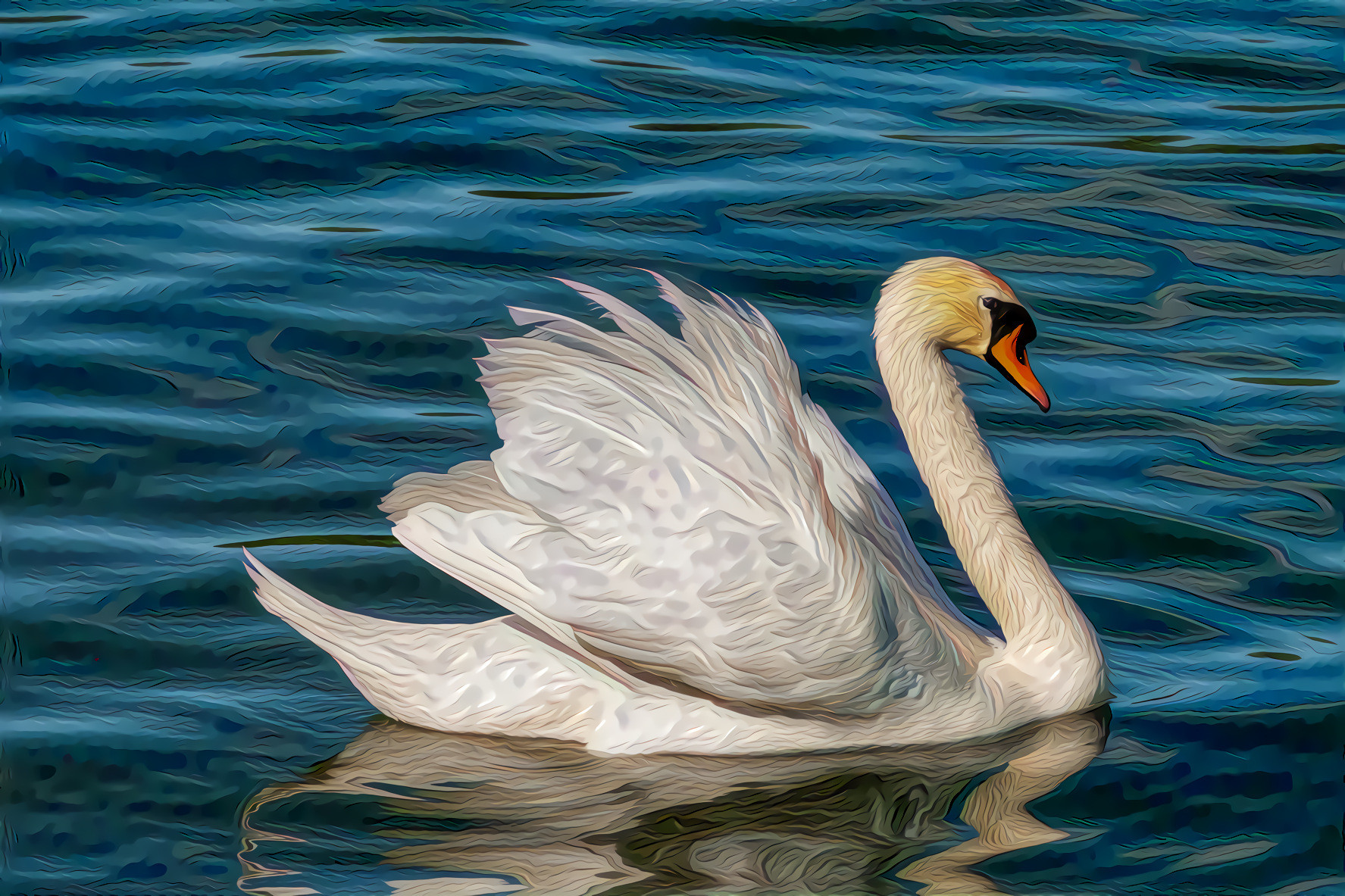 Swan on deep blue water