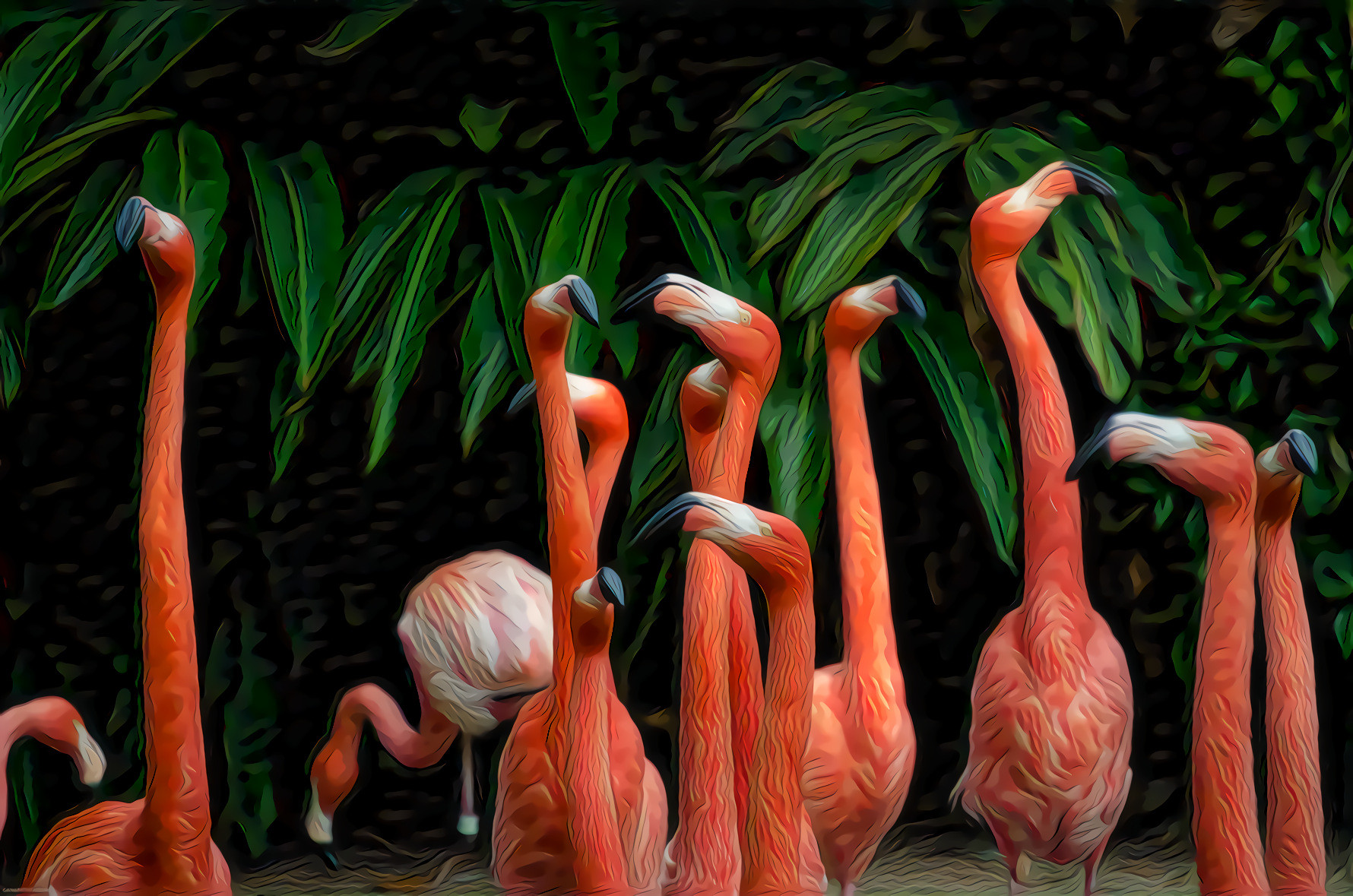 A Group of Flamingos with Their Noses in the Air, as Is Their Way, V2. Original photo by Ganapathy Kumar on Unsplash.