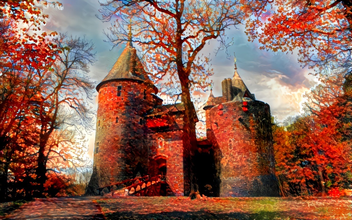 Green lawn, autumn castle