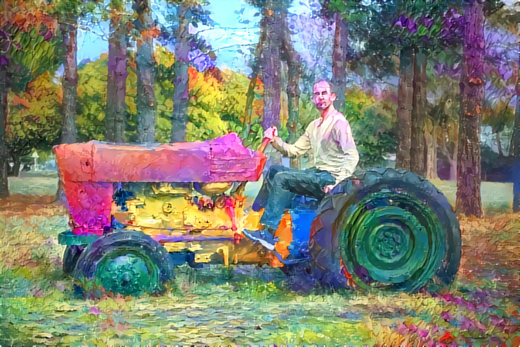 Self-portrait on a tractor in a park