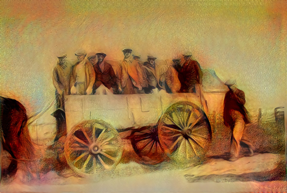 A group of men stand in a wagon at the National Corn Husking Contest [1940] Glen Keppy