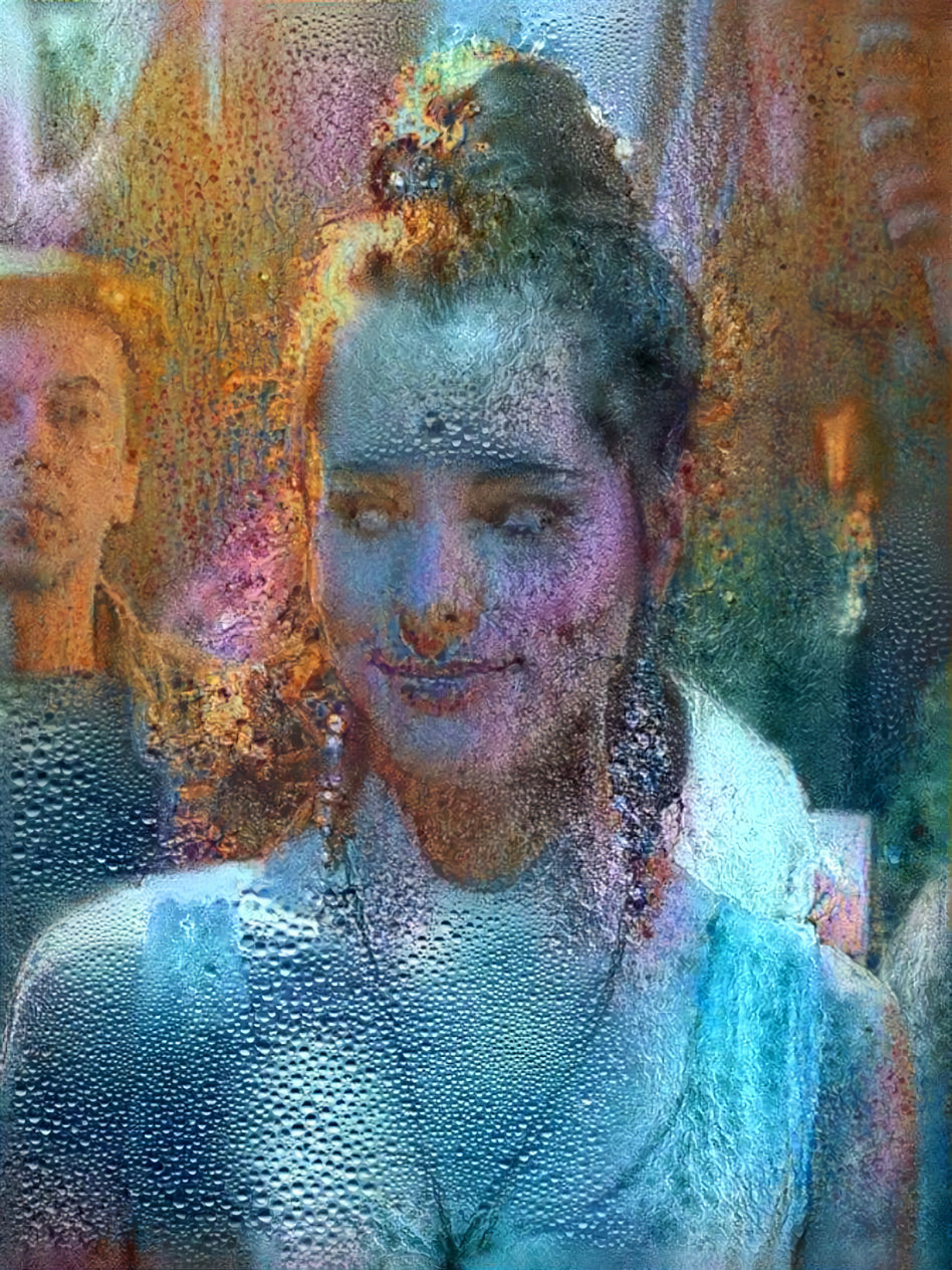 parker posey, blue water drops, orange rust