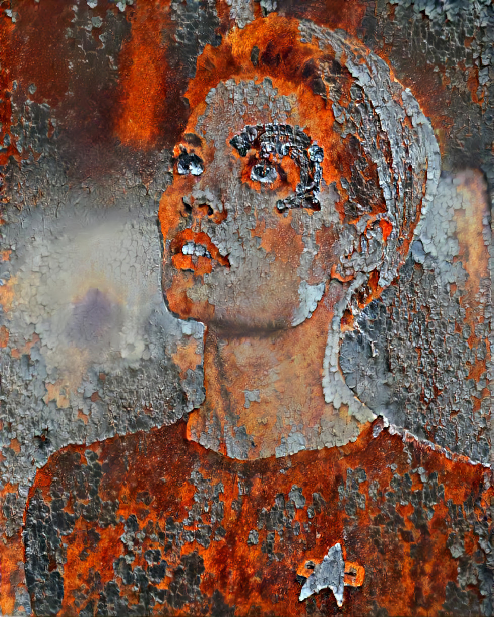 Jeri Ryan, looking up, orange rust