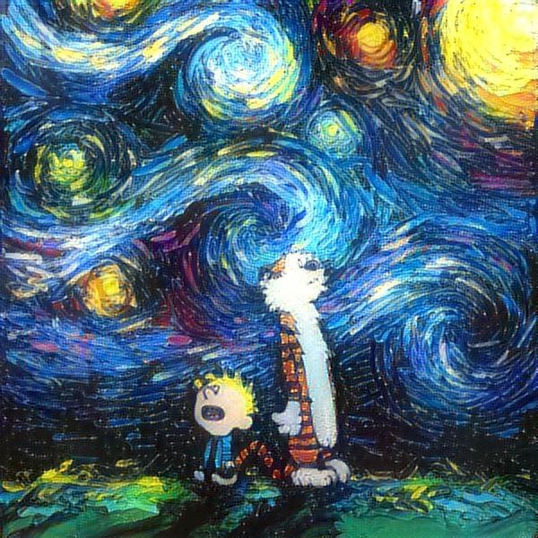 Calvin and Hobbes  hanging out in a starry night