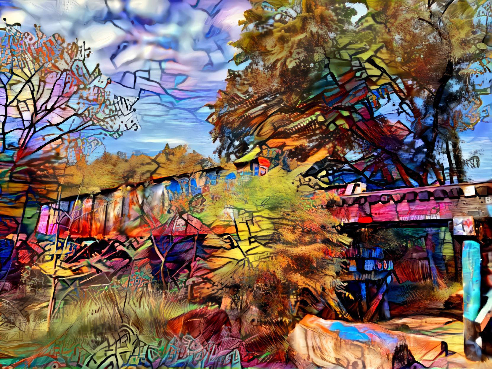 Bright graffiti tree-bridge