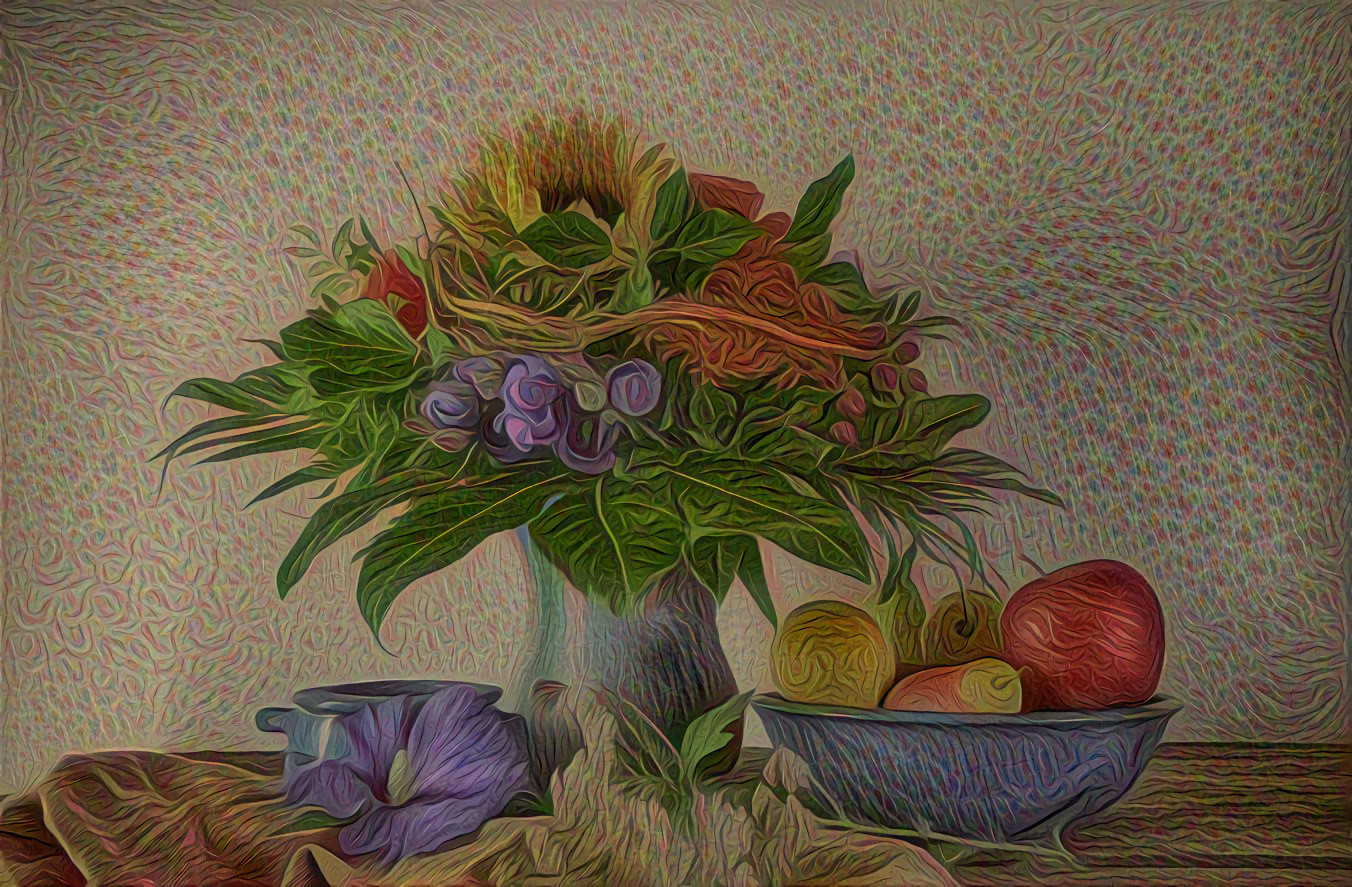 Still Life Bouquet of Flowers and Fruit