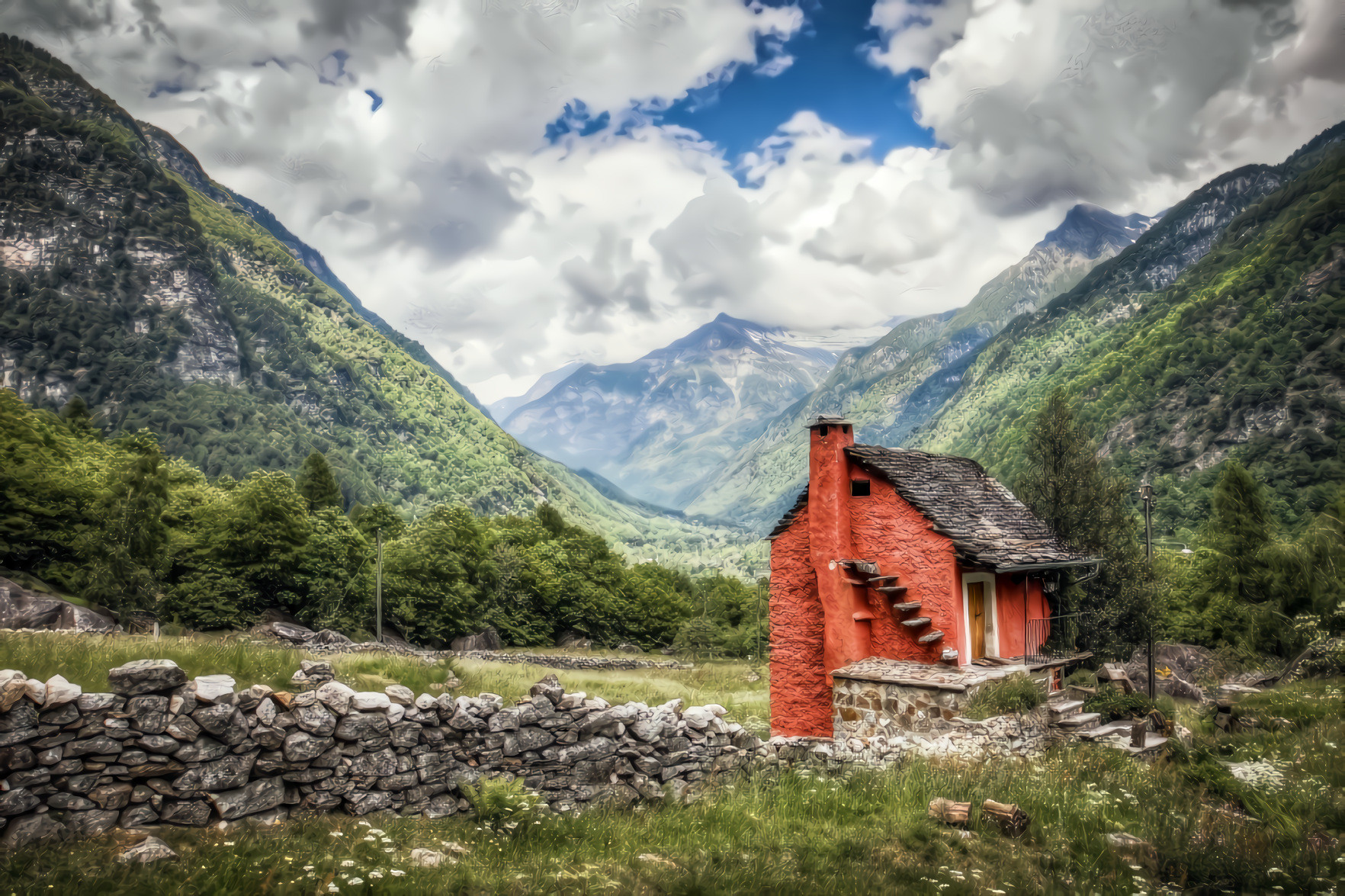 Mountains, Clouds, Cottage