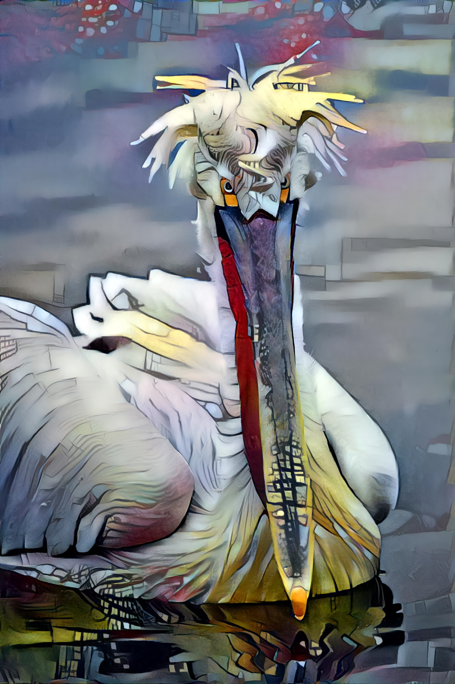 Mr. Grumpy Pants, Dalmatian Pelican. Source photo by Birger Strahl on Unsplash. Style image thanks to Deep Dreamer ~Tamara~.