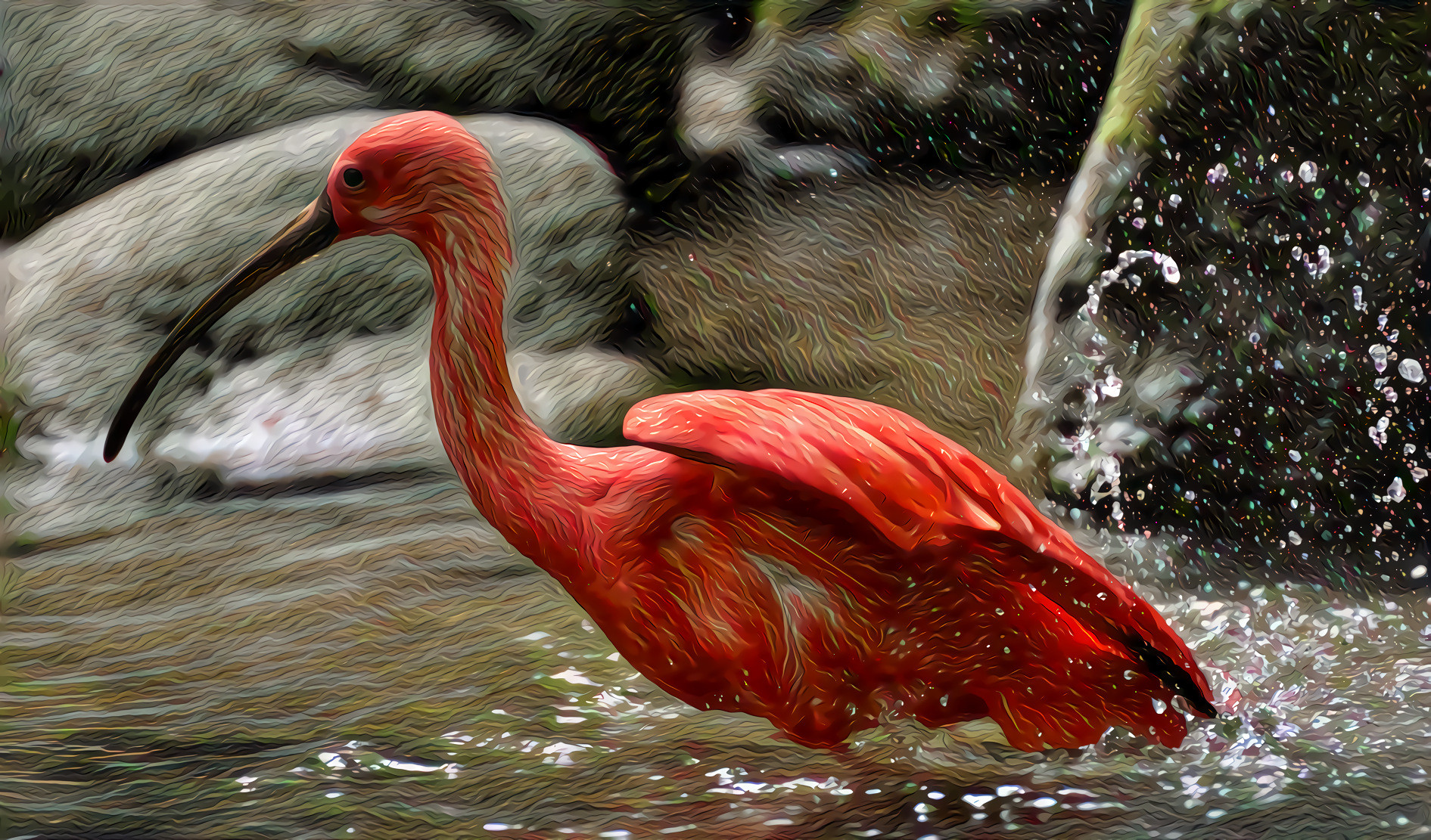 Red Ibis, wading in water