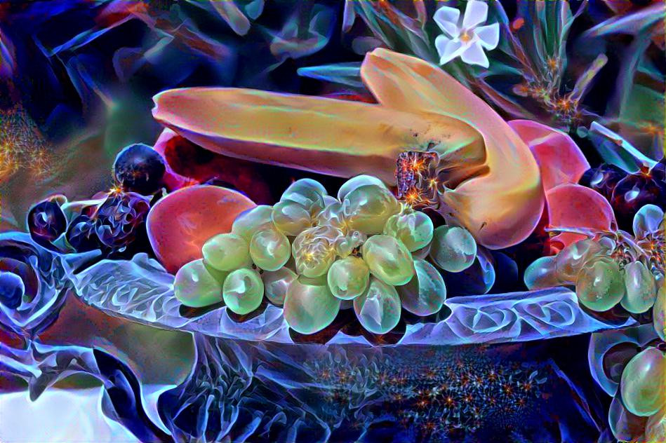 Still life with bananas and grapes