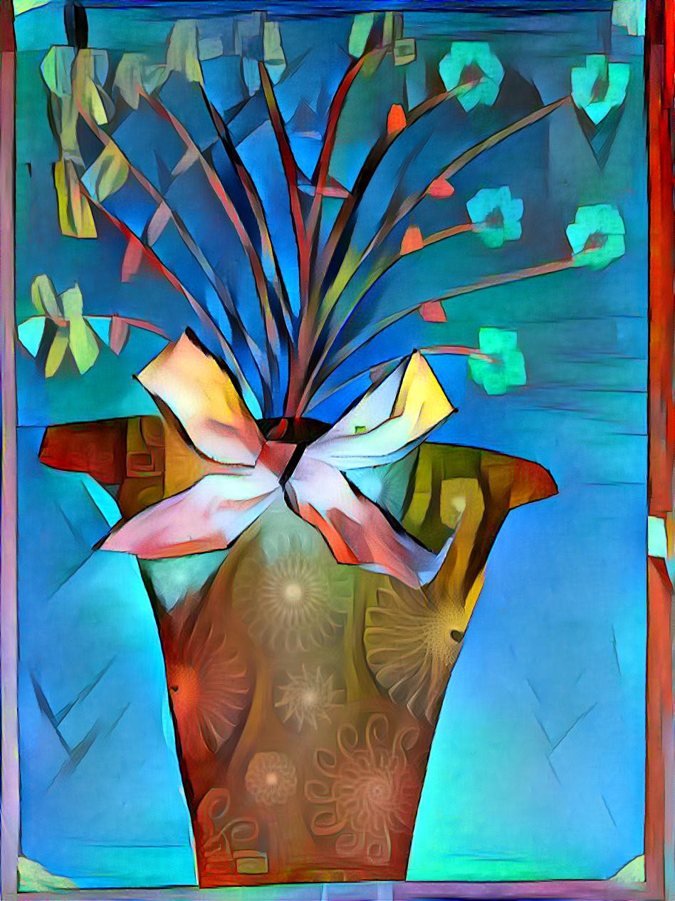 Blumen in der Vase mit Schleife