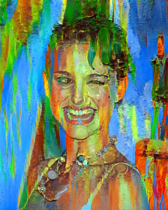 natile portman winking, blue, green streaks, paint