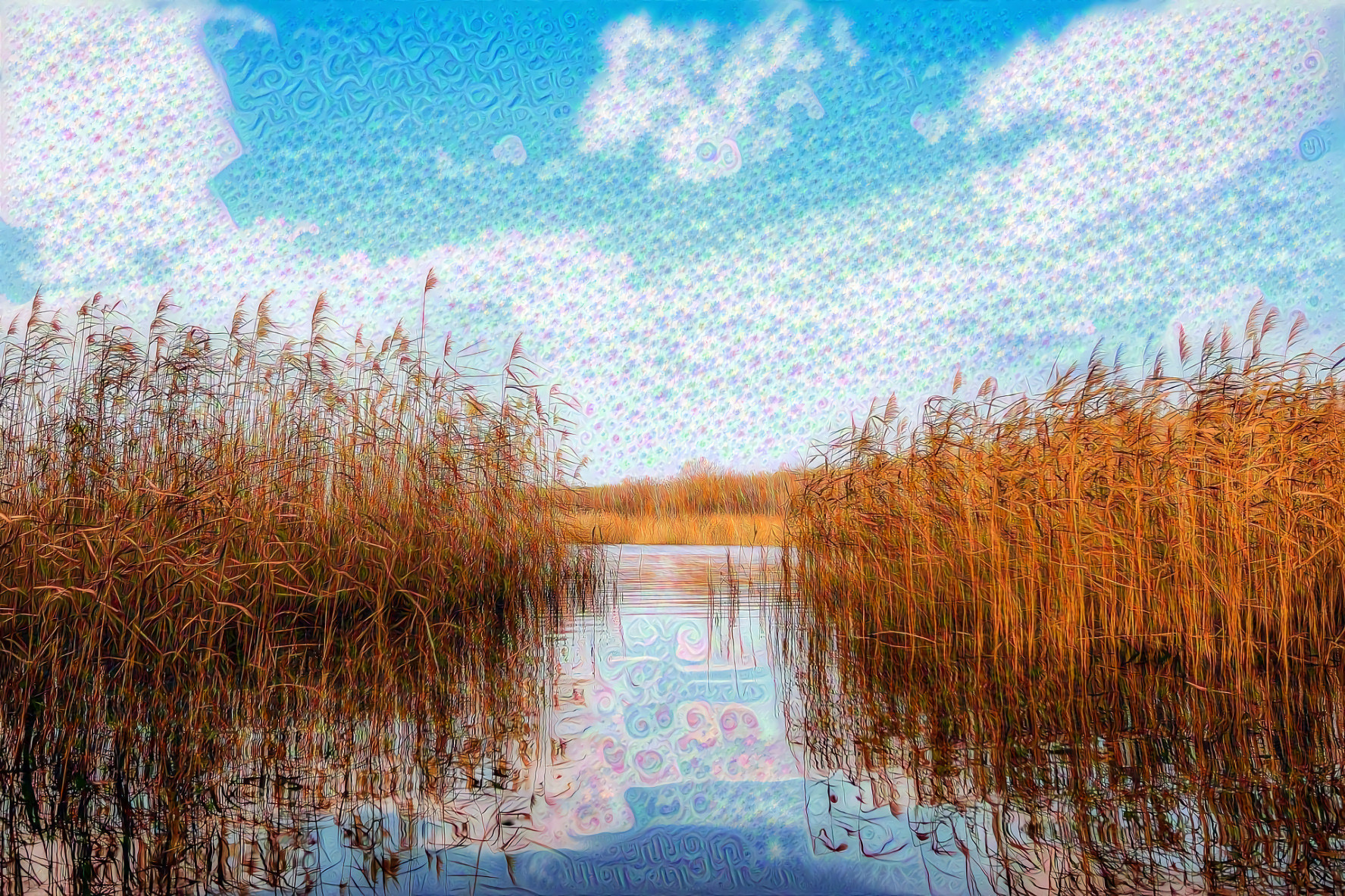 Pond, Reeds, Blue Skies