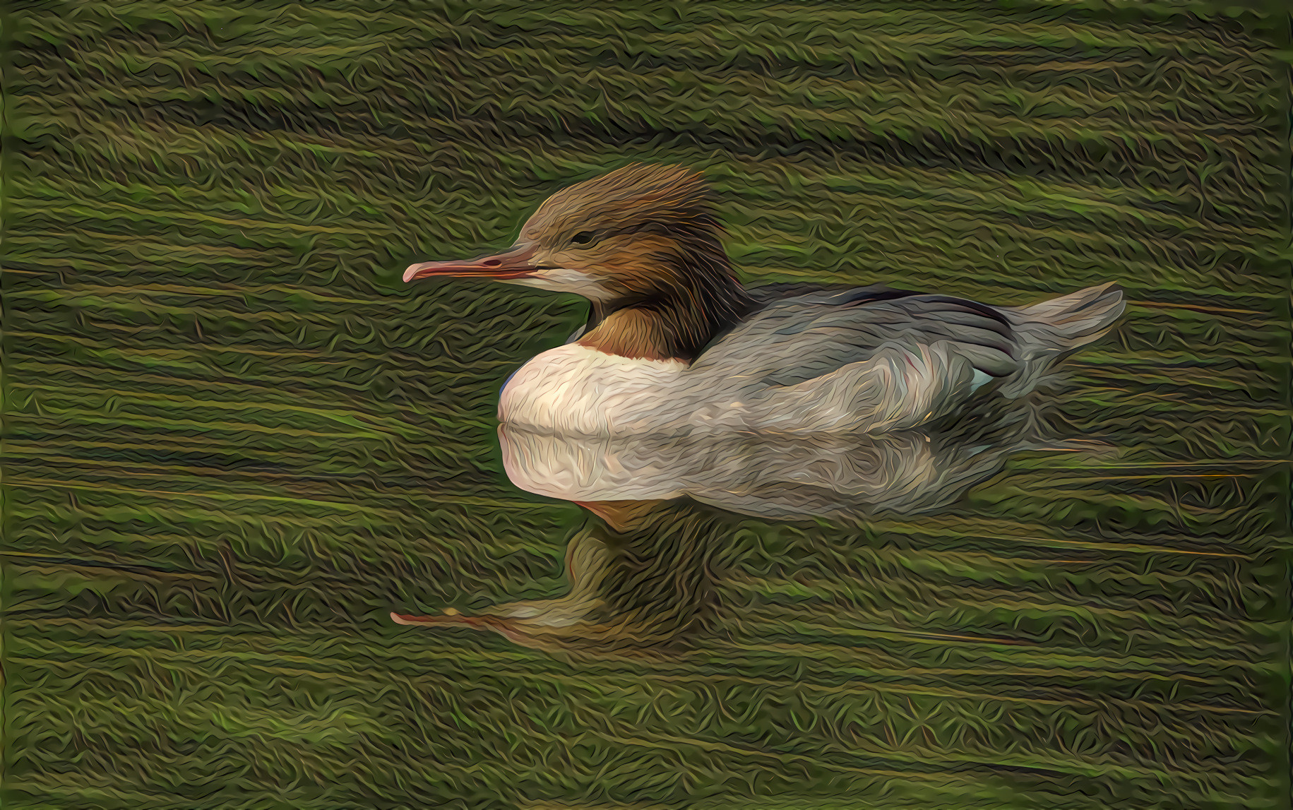 Merganser Duck, green water ripples