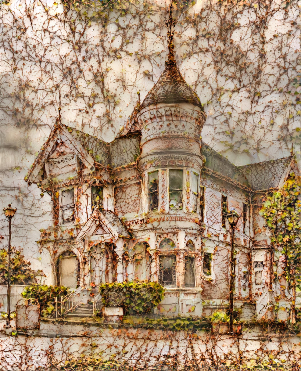 victorian house, vines, white, green