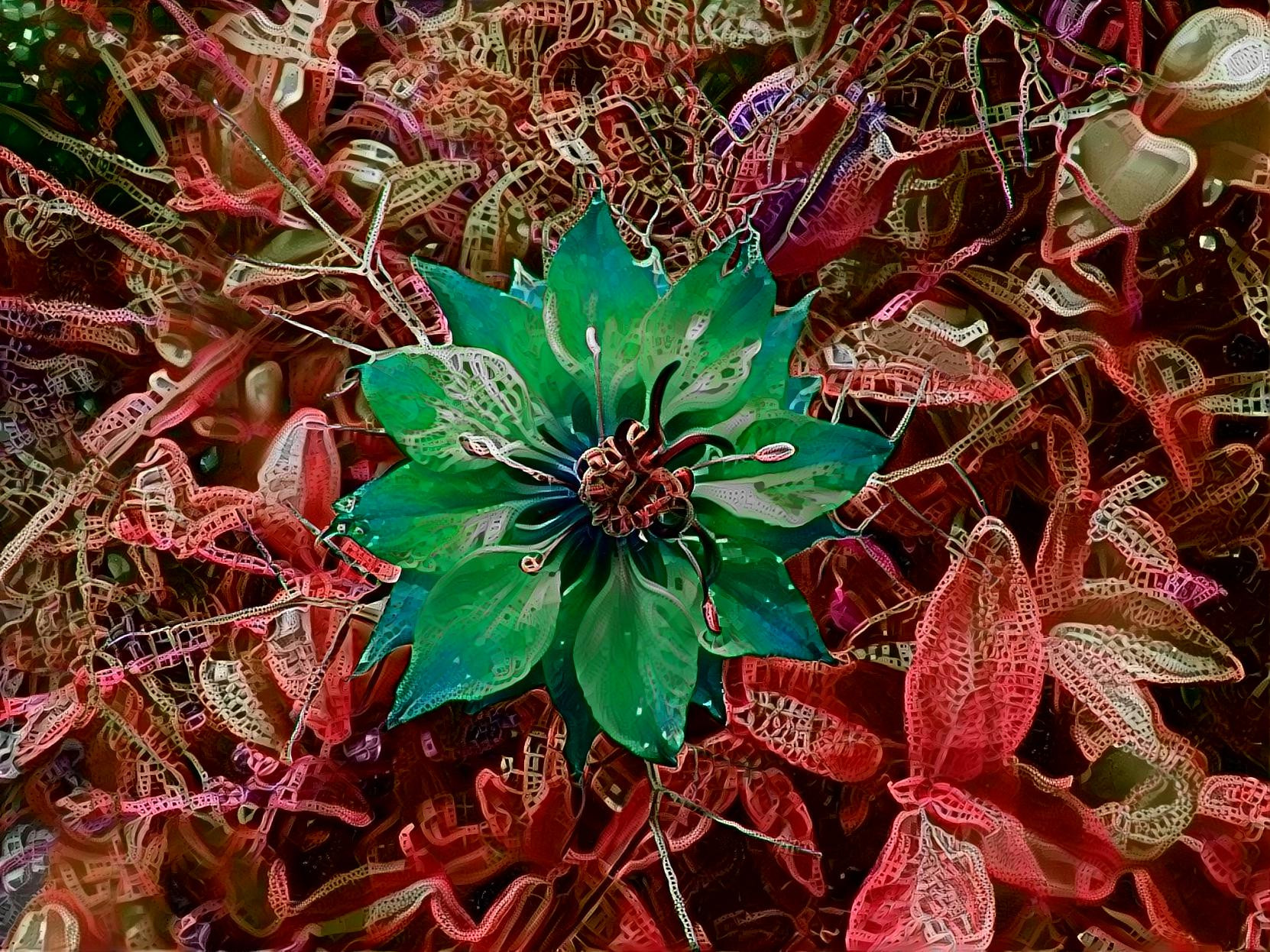 Love In A Mist Flower with Red Leaves