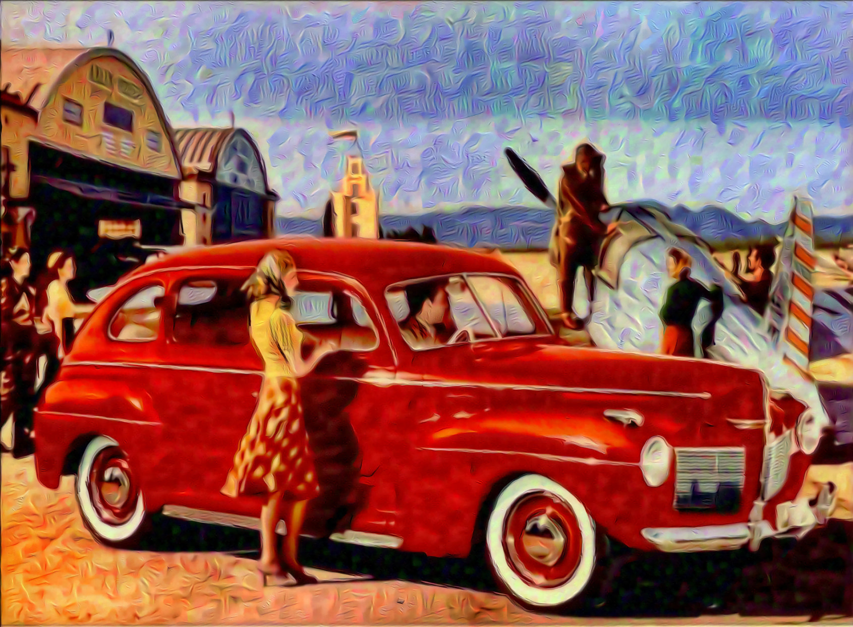 Saturday Evening At The Airfield , 1948 (Impressionism) --  (1948 Mercury automobile  ad, supposed airplane type design of car ) Image: from PDF of Ladies Home Journal, March 1948, Public Domain, https://ia800303.us.archive.org/)