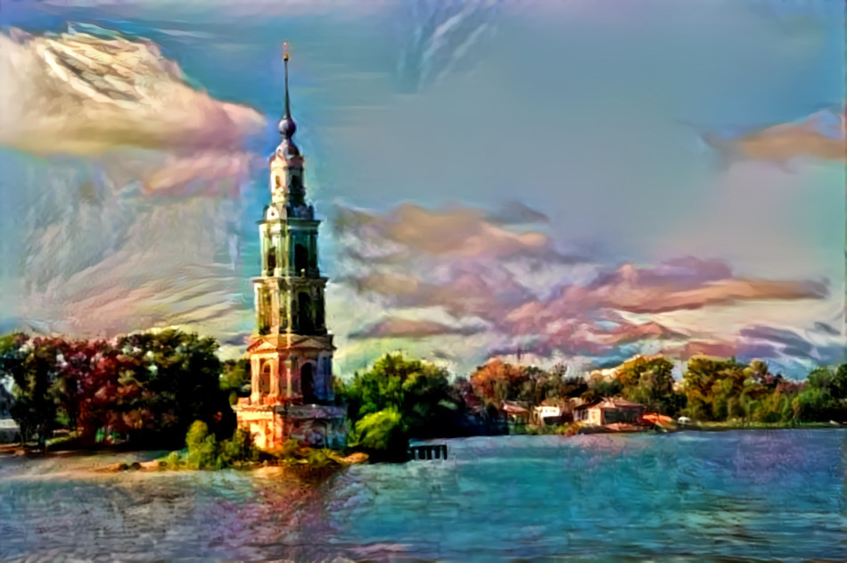 Bell tower of the flooded Nicholas Cathedral on the Volga River, Uglite Reservoir, Kaljasin, Russia