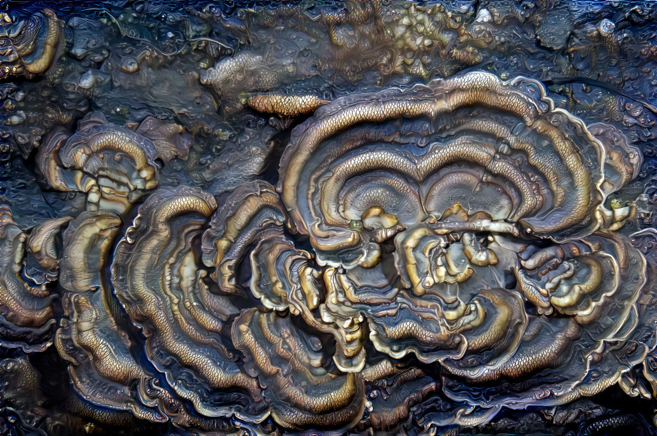 Turkey Tail mushrooms, cast in bronze directly on forest floor with ancient Shigo-maki