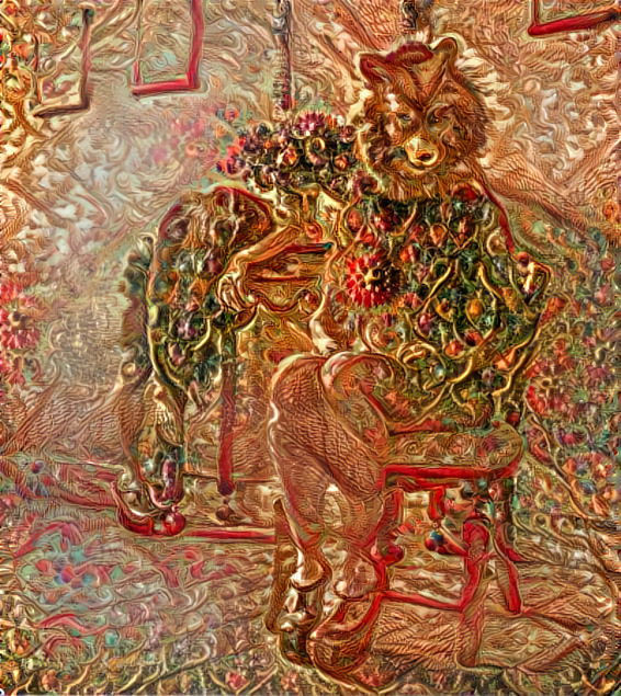 wolf lady, sitting on chair, red, orange